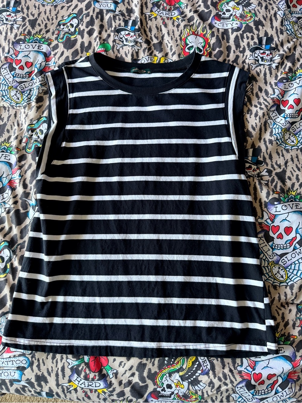 Sleeveless Black & White Striped Tank Top
